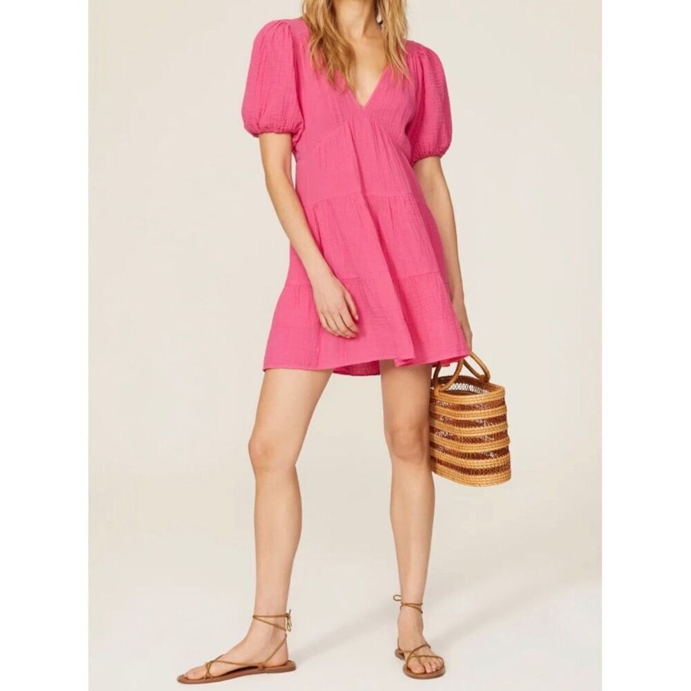 Xirena Nissa Pink Cotton Gauze Tiered Mini Dress V Neck Open Tie Back Large - Picture 1 of 9